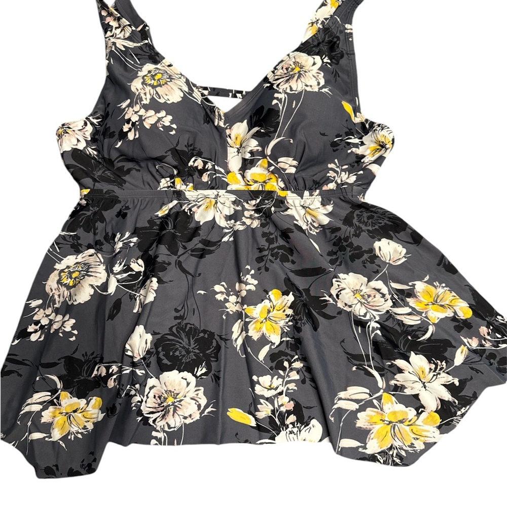 Floral Swim Tankini Top - Black and Yellow